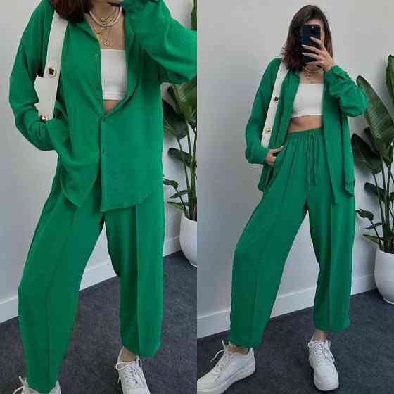 Женский легкий брючный костюм двойка: рубашка и брюки американский креп Зелёный, 42/44 Одесса