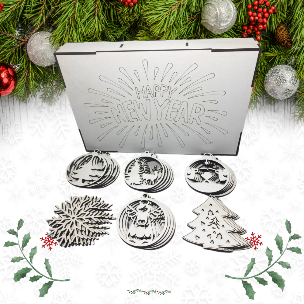 Набір дерев'яних іграшок на ялинку «Happy New Year» у кробці 30 шт, шість видів прикрас, розмір 27х18х4,5 см Кам'янець-Подільський - фото 5