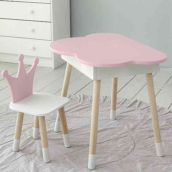 Столик хмаринка з відкидною нішею 54х68х50 і стільчик корона 26х26х24, стіл та стілець в дитячу, рожевий з білим Київ