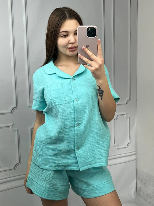 Пижама женская шорты и рубашка муслиновая Бирюзовый M Харьков - изображение 1
