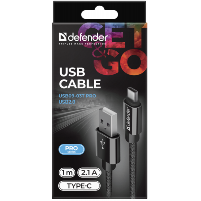 Дата кабель USB 2.0 AM to Type-C 1.0m USB09-03T PRO Black Defender (87814) Винница
