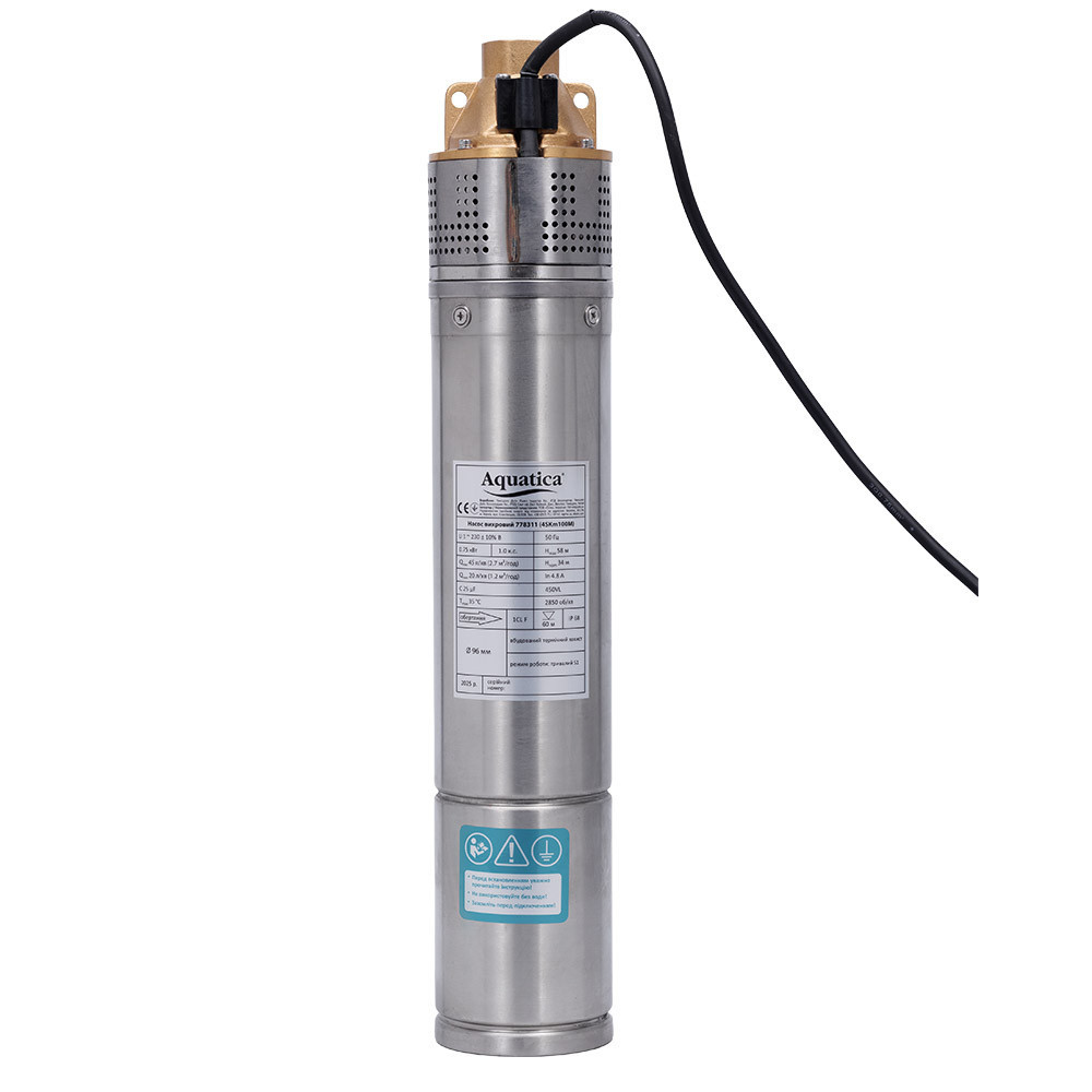 Насос вихровий 0.75кВт H 58 (34)м Q 45(20)л/хв Ø96мм 10м кабелю AQUATICA 4SKm100M (778311) Рівне - фото 3
