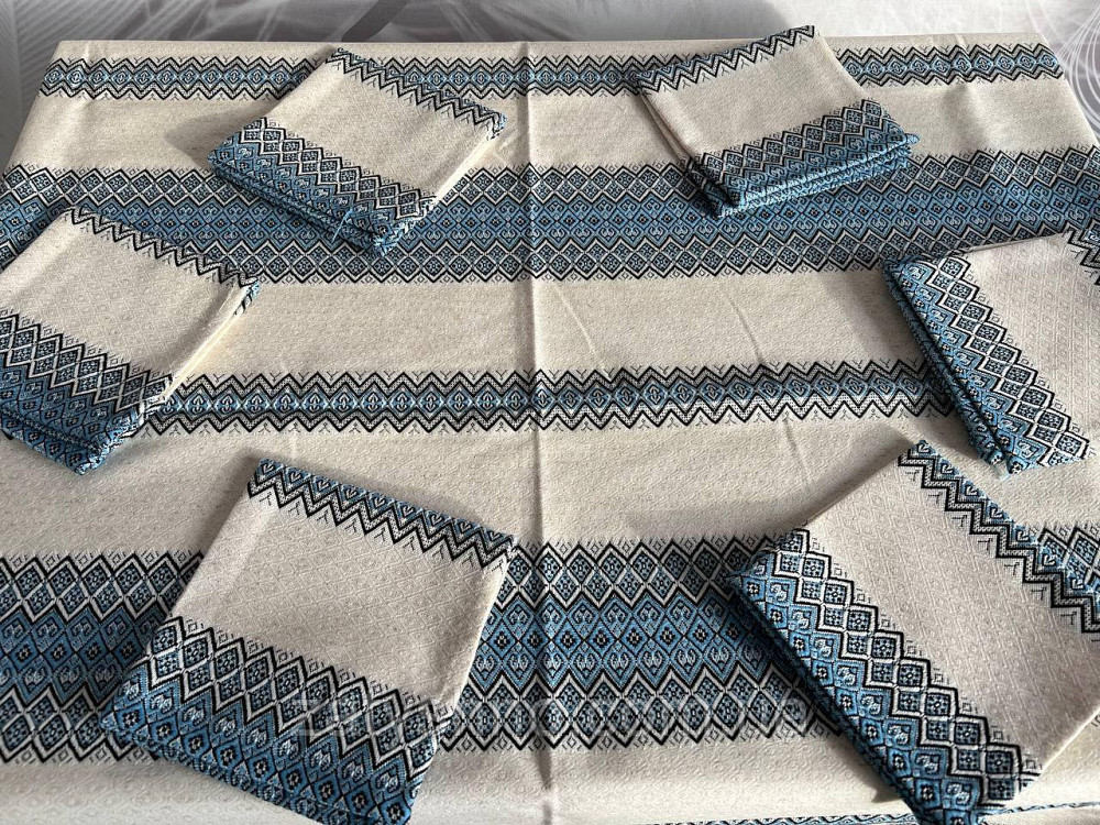 Блакитна вишита скатертина з серветками на льону Київ - фото 2