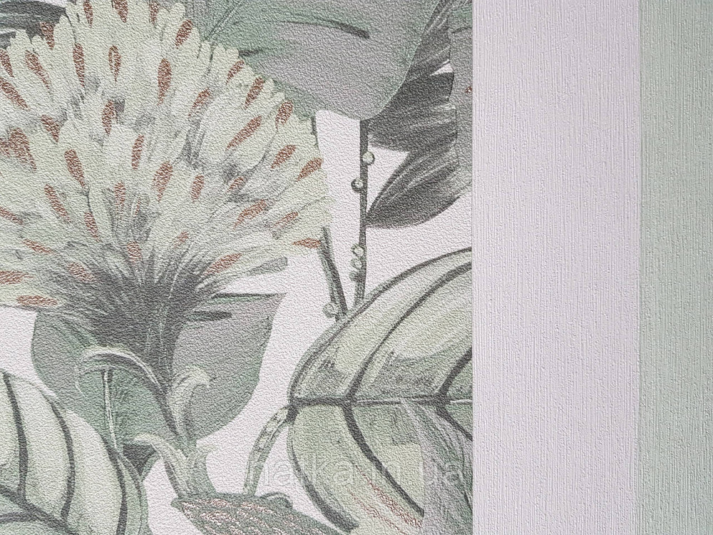 Шпалери метрові вініл на флізелін дизайнерські Erismann Elle Decoration 2 квіти листя зелене золото на білому Київ - фото 2