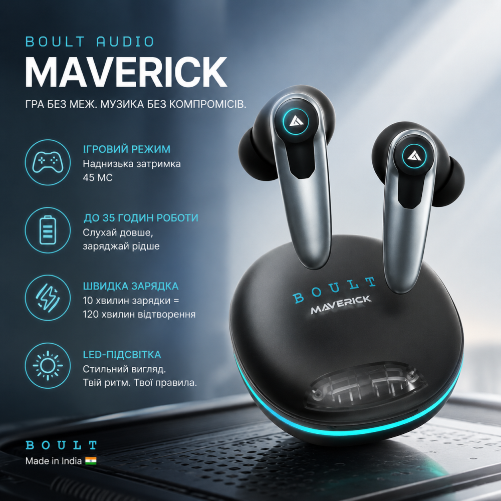 Беспроводные наушники Boult Audio Maverick: Игровой режим (45 мс), 35 ч работы, быстрая зарядка, LED-подсветка Киев - изображение 9