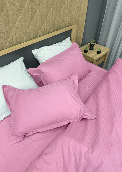 Комплект постільної білизни Страйп-сатин Євро 200х230 з простирадлом на резинці Рожевий (88-180) Київ - фото 7