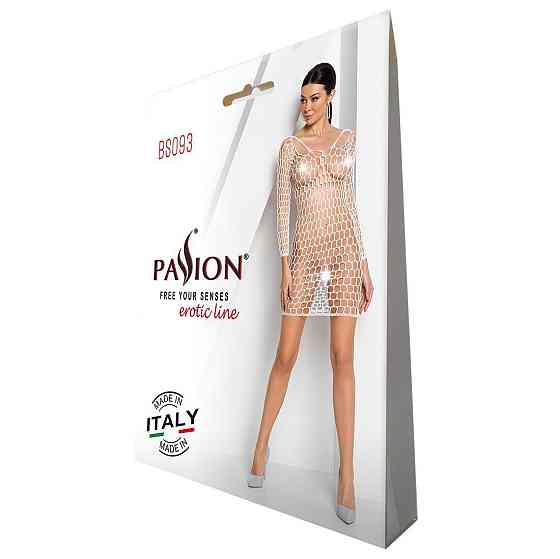 Бодістокінг-сукня з глибоким коміром Passion BS093 white, довгі рукави Sex Aura Київ