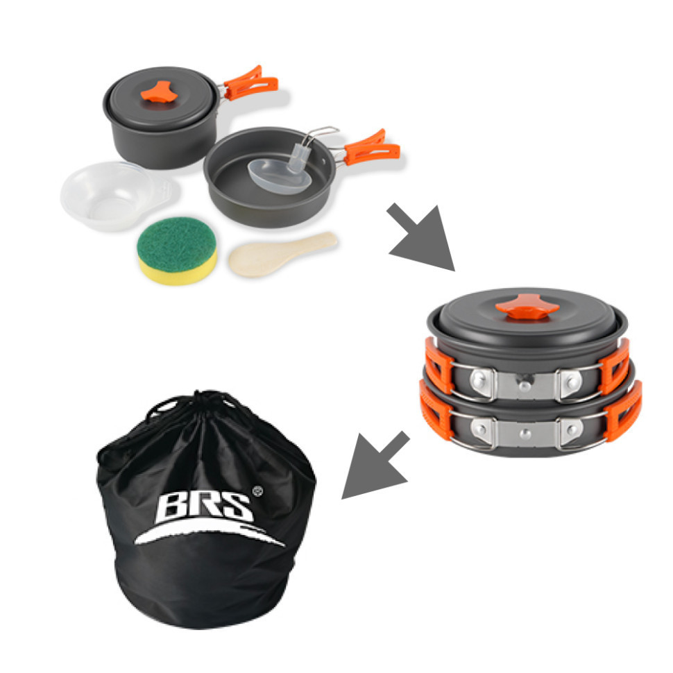 Набор туристической посуды (кастрюля с крышкой, сковородка, 2 тарелки, ложка, черпак и губка) BRS-151, алюминий Киев - изображение 1