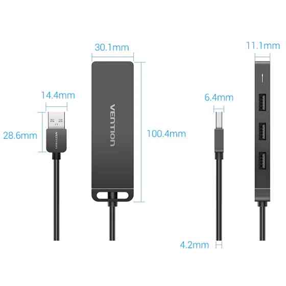 Хаб USB 2.0 -> 4xUSB 2.0, 0.15м, Black Vention Вінниця