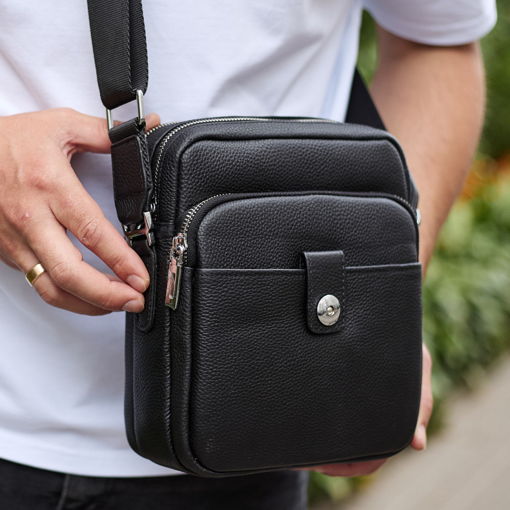 Мужская кожаная универсальная сумка 24х20х8, борсетка из кожи, сумочка для мужчин с регулировкой ручки, черная Киев - изображение 1