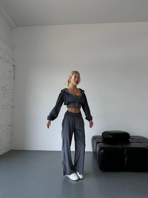 Жіночий стильний прогулянковий костюм-двійка: кофта та штани велюр-плюш Графіт, 42/46 Одеса - фото 8