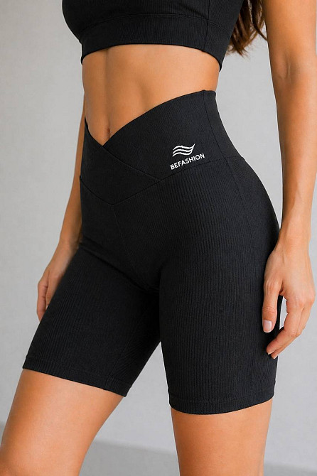 Шорти жіночі Kenalin 500-8 велосипедки в рубчик з V-поясом з написом чорні, чорний, L Київ - фото 1