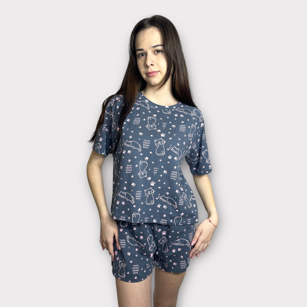 Пижама женская с шортами хлопок Розовый котики Cерая S/M Харьков - изображение 2