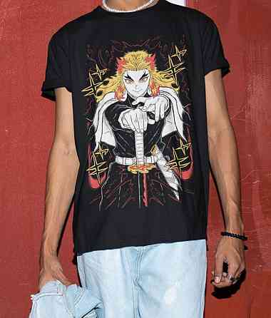 Футболка для хлопчика з аніме принтом Кйоджуро Ренгоку Слайер Демон оверсайз (зріст від 165 до 180) Чорний AnimeJ0817m Дніпро