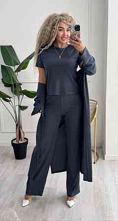 Женский базовый прогулочный костюм тройка: кардиган футболка и штаны трикотажный рубчик Графит, 46/48 Одесса