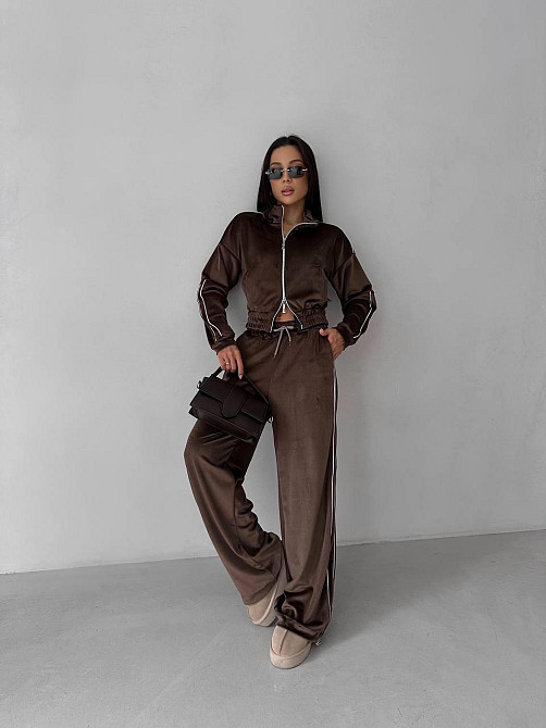Женский повседневный велюровый костюм двойка: кофта и брюки Шоколадный, 48/52 Одесса - изображение 5