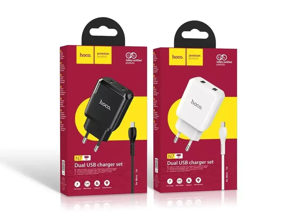 Мережевий зарядний пристрій Hoco N7 Speedy 220V (10.5W, 5V/2.1A) на 2 USB-порти з кабелем USB - micro-USB Одеса - фото 2