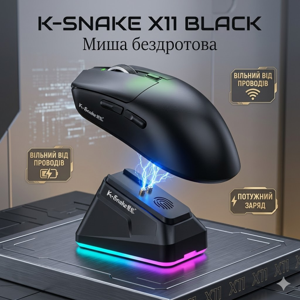 Миша бездротова K-SNAKE X11 Black RGB Dock, 12000 DPI, PixArt PAW3311, 63 г, Bluetooth/2.4GHz/USB-C Київ - фото 1