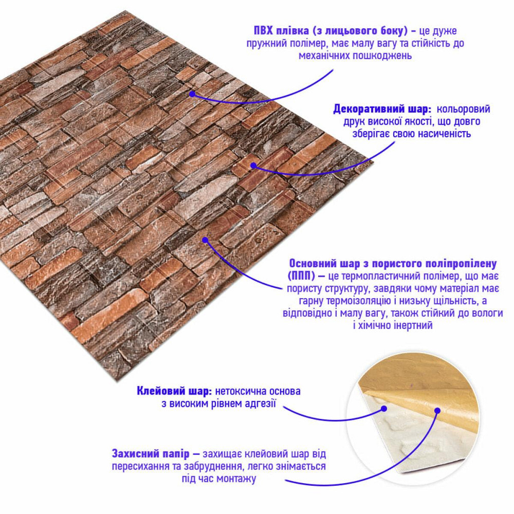 Самоклеящаяся 3D панель 700x770x3мм Коричнево-рыжий (58-3) SW-00001319 Днепр - изображение 2