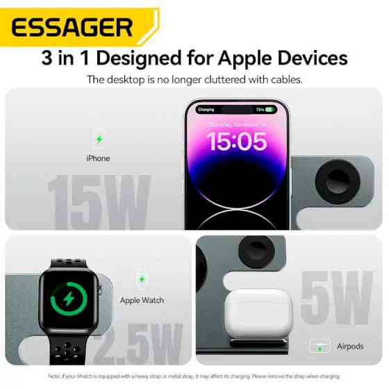 Бездротовий мультизарядний пристрій Essager Ruicheng desktop magnetic suction 15W (3 in 1) black Одеса