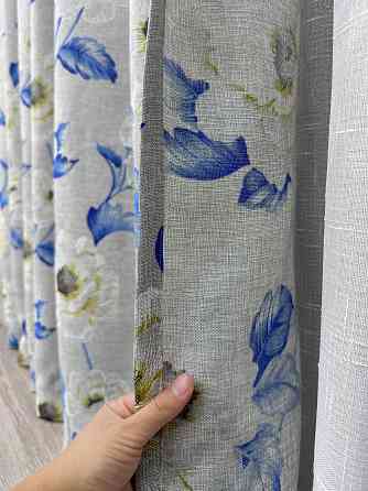 Комплект штор VR-Textil Лен Прованс 150х270 2шт и Тюль 400х270 2078ш-115т Светло-серый с синим и белым 71-213/3 Киев