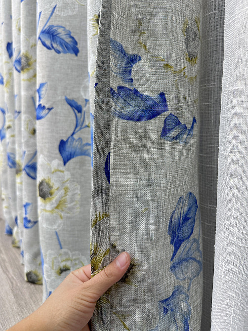 Комплект штор VR-Textil Лен Прованс 150х270 2шт и Тюль 400х270 2078ш-115т Светло-серый с синим и белым 71-213/3 Киев - изображение 5