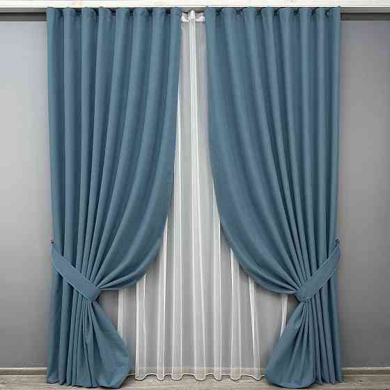 Комплект штор VR-Textil 100% блэкаут ASHEN NIGHT 150х270 2шт и Тюль 400х270 1852ш-1153т синий с белым 71-093/3 Киев