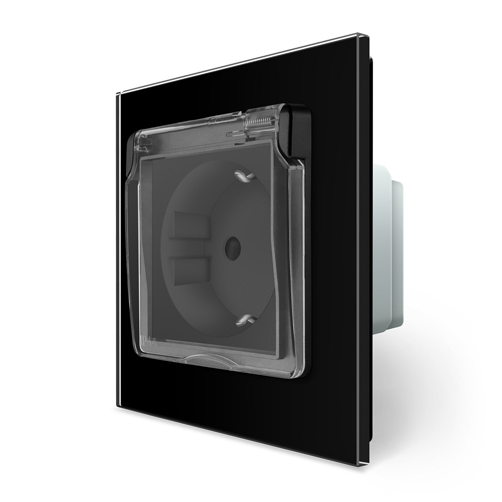 LIVOLO Електрична розетка вологозахисна з кришкою IP44 з заземленням, LIVOLO, чорна, скляна рам Коломия - фото 1