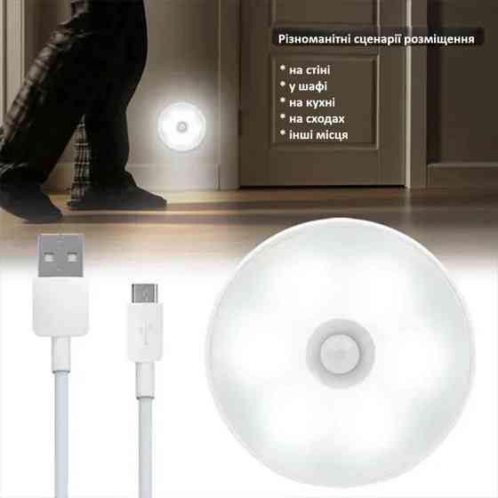 LED нічник ZYFYYDS з ІЧ датчиком руху та освітленості, магнітним кріпленням, акумулятором і зарядкою micro-USB, холодне світло Николаев