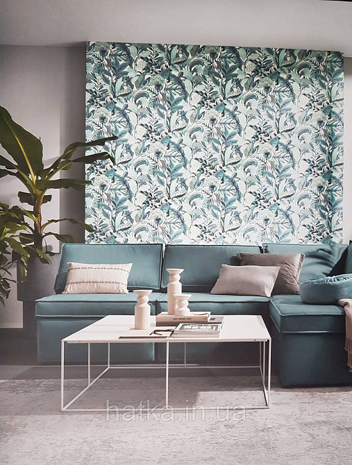 Шпалери метрові вініл на флізелін дизайнерські Erismann Elle Decoration 2 квіти листя блакитні бузок на білому Київ - фото 1