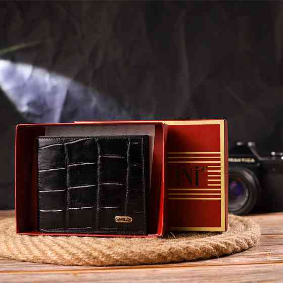 Качественный кошелек для мужчин в два сложения из натуральной фактурной кожи с тиснением под крокодила CANPELLINI 21584 Черный Киев