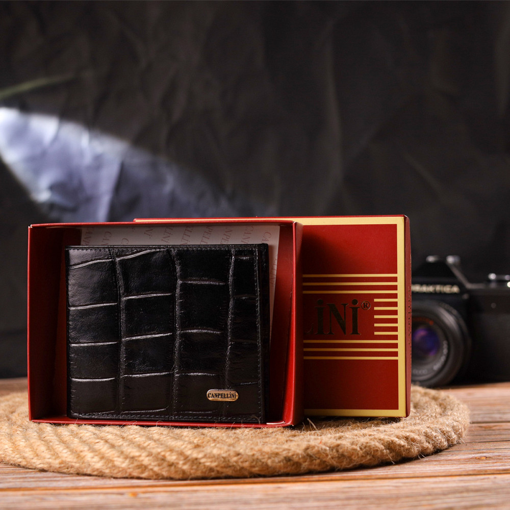 Качественный кошелек для мужчин в два сложения из натуральной фактурной кожи с тиснением под крокодила CANPELLINI 21584 Черный Киев - изображение 1