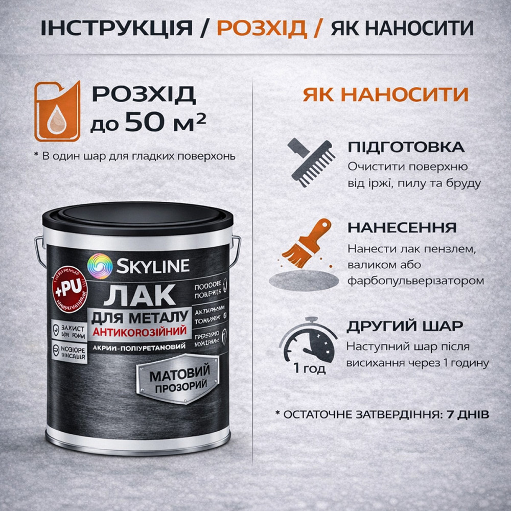 Лак для металу Skyline матовий прозорий акрил-поліуретановий антикорозійний без запаху 5 л Харків - фото 7