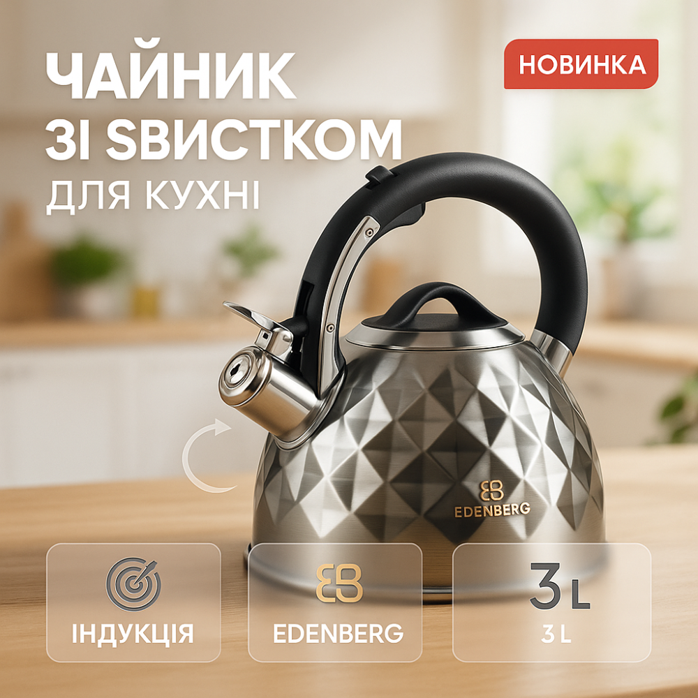 Чайник со свистком с удобной нейлоновой ручкой Edenberg EB-8833 3л, Кухонный чайник газовый YE-40 Львов - изображение 10