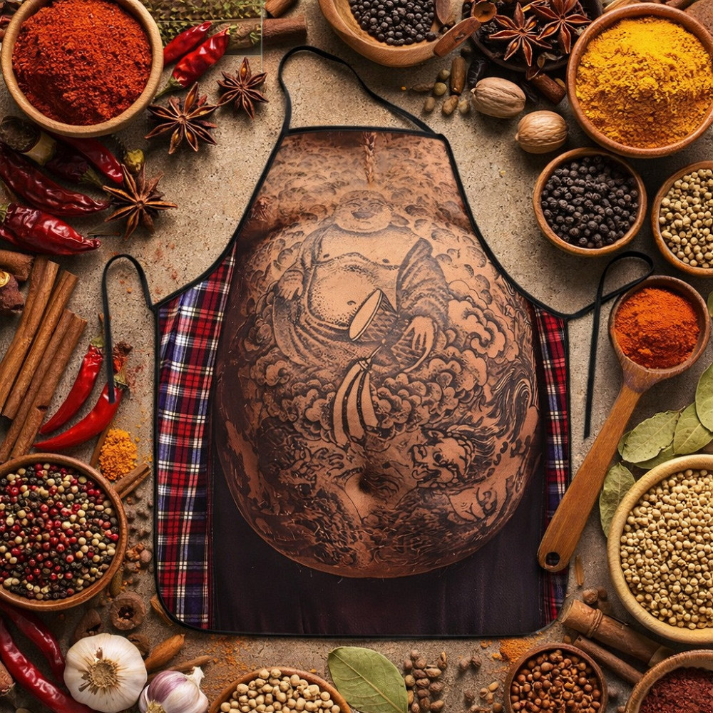 Фартух з приколом чоловічий з пузом та тату Будди кухонний для барбекю Київ - фото 3