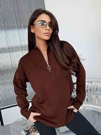 Жіночий стильний подовжений оверсайз светр зі змійкою в'язання 50% котон/50% акрил Шоколад Одеса