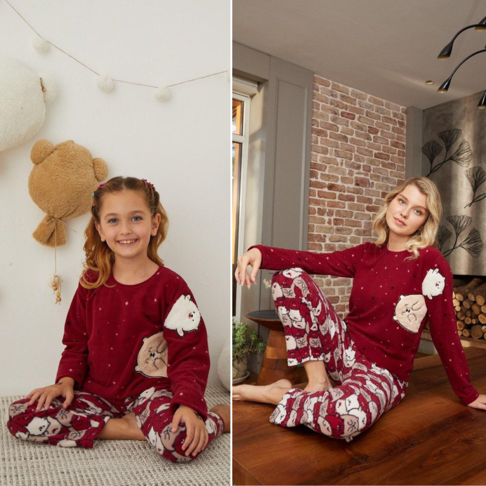 Піжами Family Look мама донька піжама жіноча+для дівчинки на флісі полар зимова бордо з ведмедиками Одеса - фото 1