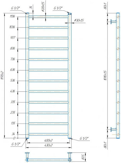Водяна рушникосушарка Mario INOX Флет 1170х430/400 Київ - фото 5