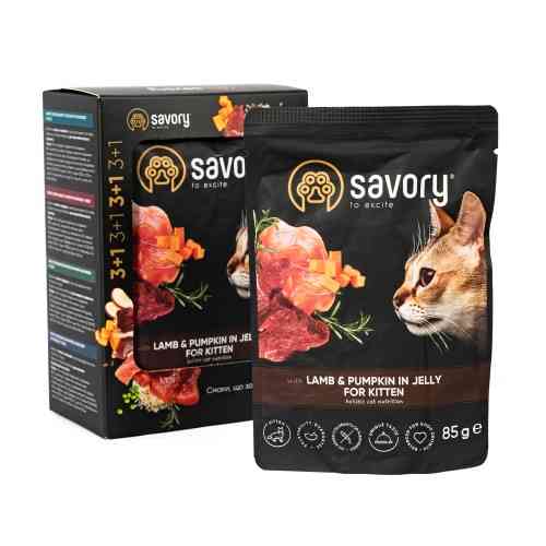 Набір паучів 3+1 Savory Kitten Lamb and Pumpkin in Jelly для кошенят шматки в желе з ягням та гарбузом 4х85 г Київ