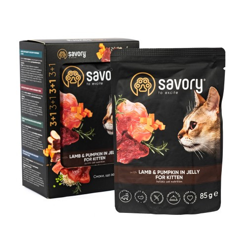 Набір паучів 3+1 Savory Kitten Lamb and Pumpkin in Jelly для кошенят шматки в желе з ягням та гарбузом 4х85 г Київ - фото 2