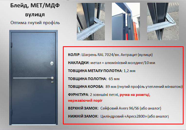 Двері вуличні Redfort, модель Блейд RAL 7024, комплектація Оптима плюс Метал/МДФ (2 контури) Київ - фото 8