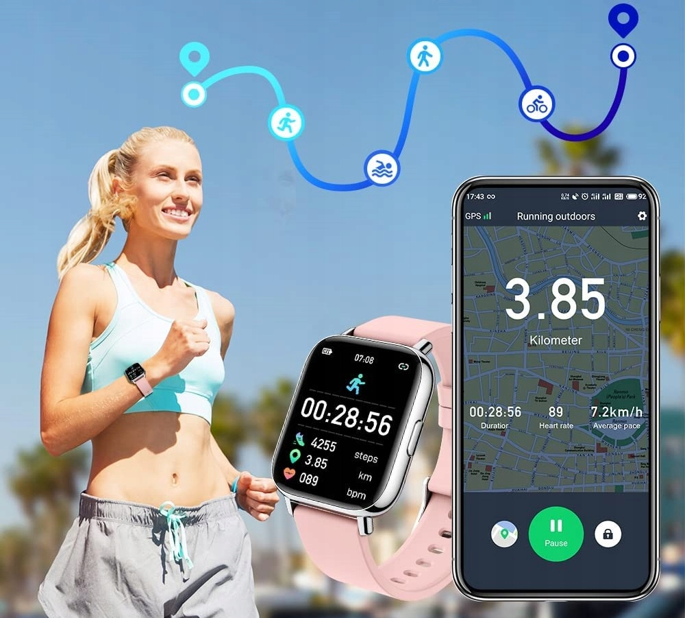 Смарт-часы Motast P32 розовые, фитнес-браслет, шагомер, счетчик калорий, Bluetooth, водонепроницаемые, для Android и iOS Киев - изображение 4