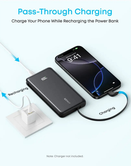 Портативний зарядний пристрій Anker - 10000 mAh 22.5W Built-In USB-C Cable Black (7198079) Київ - фото 3