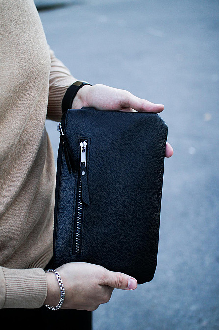 Кожаный клатч из натуральной зернистой кожи SKILL (Черный) Сумы - изображение 4