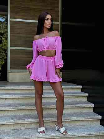 Женский легкий романтичный костюм двойка: топ и шорты американский креп жатка Розовый Одесса