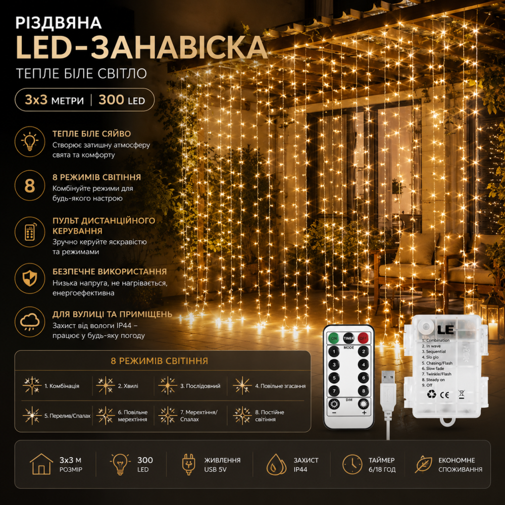 Різдвяна LED-занавіска (3х3 м) — 300 світлодіодів, 8 режимів, пульт ДУ, тепле біле світло Київ - фото 5