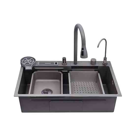 Кухонная мойка Kroner KRP Schwarze 75х46 - SET7545NG PVD (3.0/0.8 мм) со смесителем, краном и дозатором, серая Киев