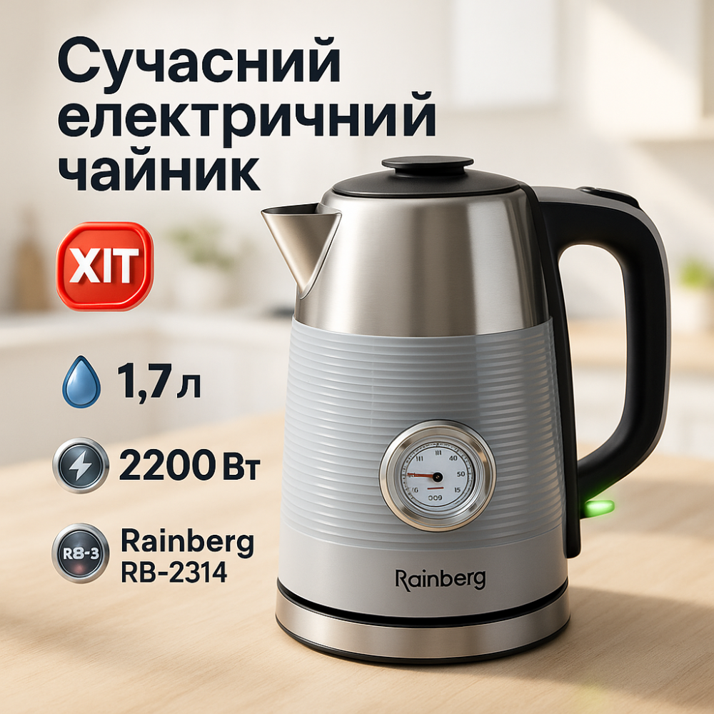 Чайник электрический с датчиком температуры Rainberg RB-2314 2200Вт 1.7л Gray JA-53 Львов - изображение 11