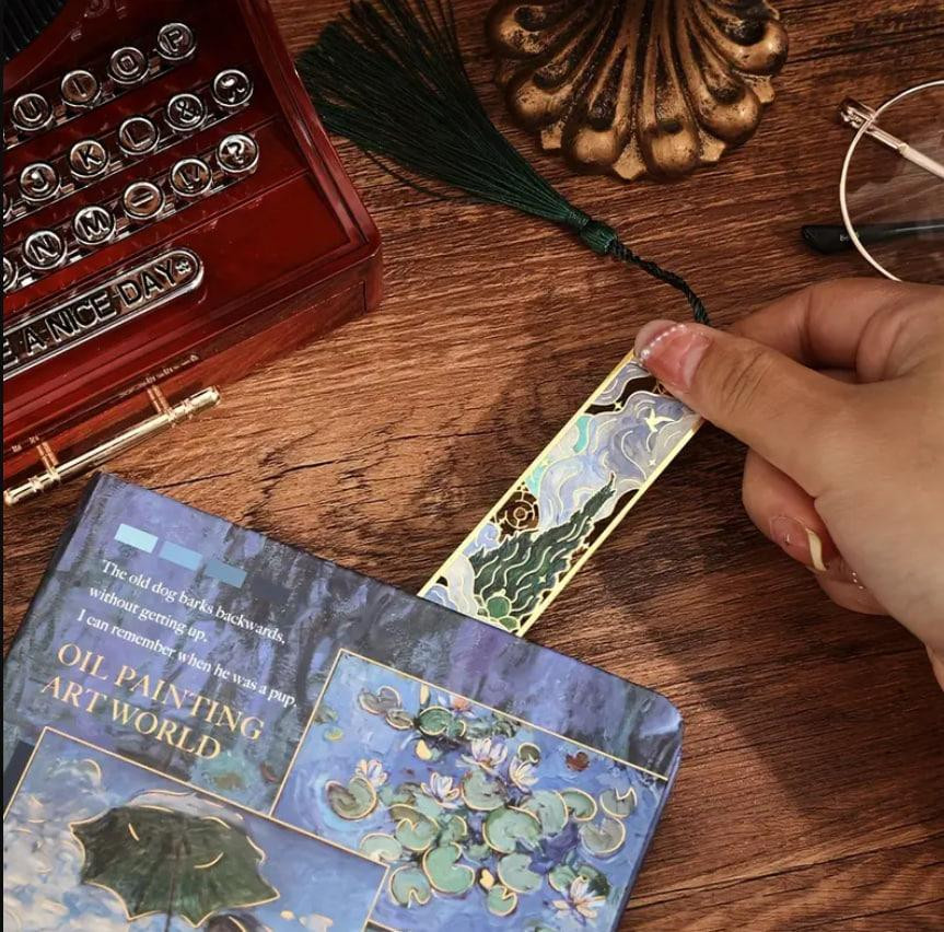 Вінтажна металева закладка з масляним живописом та китицею. ОригІнальна закладка для книжок. Подарун Київ - фото 3