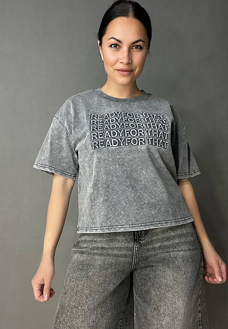Футболка женская A-N 26031 вареная тай дай оверсайз с объемной надписью серая, серый, one size Киев - изображение 8